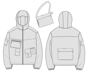 Packable utility hooded full zip jacket technical fashion flat sketch front and back views. Multiple pocket design template.  © 212069668