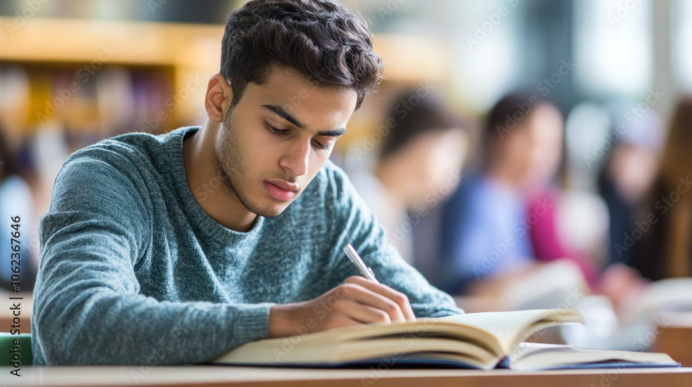 Aufkleber a focused student studies diligently at a library table surrounded by fellow learners in a bustling 