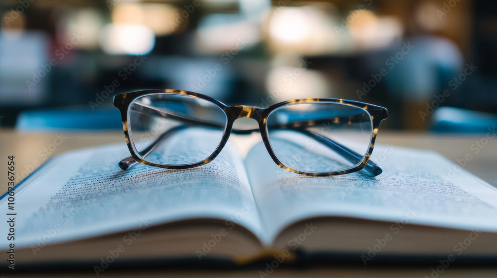 Poster reading glasses resting on an open book in a cozy library setting illuminated by natural light durin