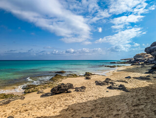 Aerial drone view of Costa Calma beach during the sunset,Fuerteventura, Canary Islands