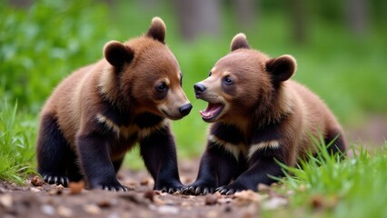 Obraz premium A vivid close-up of two grizzly bear cubs playing together, surrounded by lush foliage and soft earth.