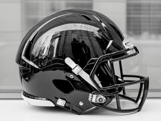 Fototapeta premium A sleek, monochrome football helmet with a glossy finish, highlighting its modern design and sporty appeal.
