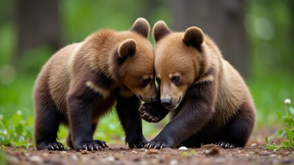 Obraz premium Two grizzly bear cubs engaged in a friendly tussle, their playful expressions illuminating the forest floor.