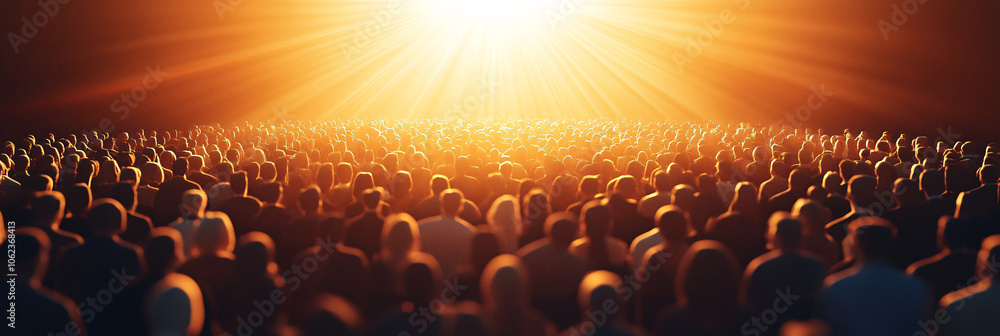 Poster spotlight beaming down from the ceiling, casting a golden glow over the rows of attendees in a packe
