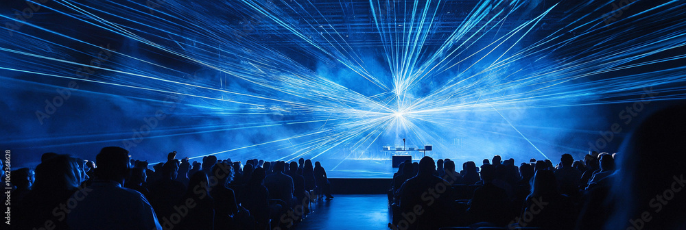 Aufkleber suspended rows of attendees watching a speaker on a floating stage, with laser beams forming a web a