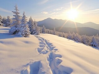 A serene winter landscape featuring a sunlit snowy forest with mountains in the background. Footprints create a path through the pristine snow.
