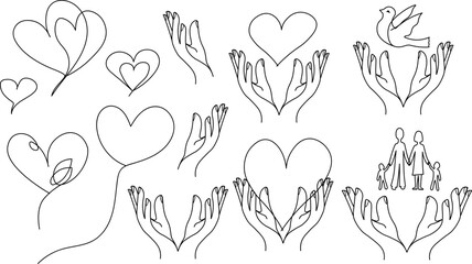 A set of hearts and hands drawn in one line