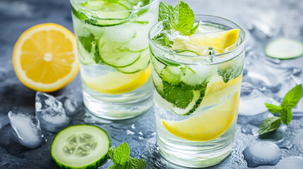 Fototapeta premium Refreshing cucumber mint lemonade in cool glasses with ice, garnished with lemon and mint sprigs on a dark table