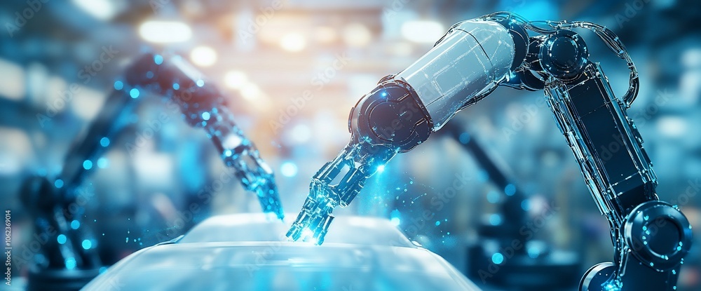 Aufkleber Robotic arms with glowing blue lights working in a factory, demonstrating automation and technology.