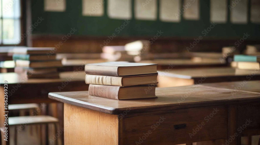 Poster an inviting classroom setting with stacked books on a wooden desk, surrounded by empty chairs and a 