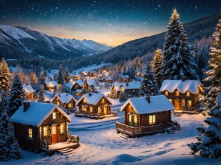 Fototapeta premium A cozy mountain village with snow-covered houses nestled among the peaks, capturing the peaceful magic of Christmas and creating a warm, festive winter scene