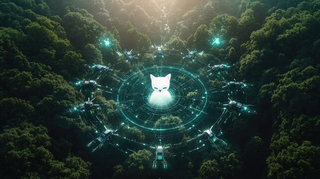 A white cat surrounded by drones in a mystical circle in the forest.