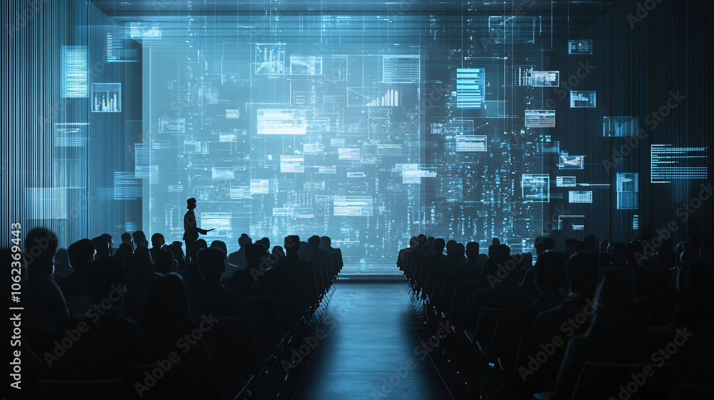 Poster suspended rows of attendees with data charts flowing in the air above their heads in a futuristic se