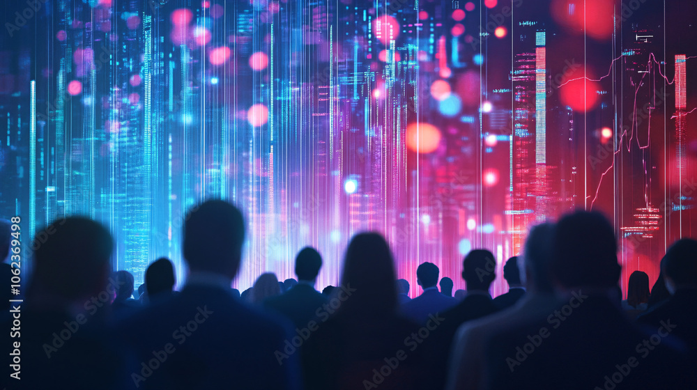 Poster suspended rows of attendees with data charts flowing in the air above their heads in a futuristic se