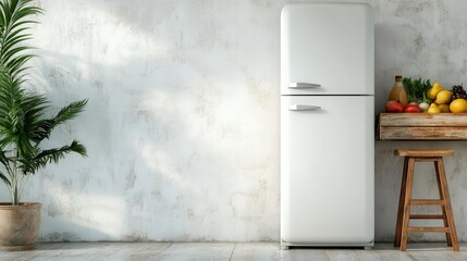 A classic fridge stands next to a wooden table adorned with various fruits, against an aged wall. The scene offers a nostalgic yet vibrant snapshot of domestic life.