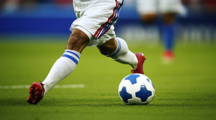 Fototapeta premium A player's feet skillfully controlling a soccer ball on the field during an intense match at dusk
