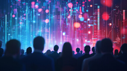 Suspended Rows of Attendees with Data Charts Flowing in the Air Above Their Heads in a Futuristic Seminar Room 