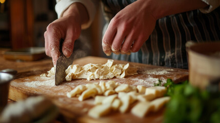 Hands skillfully preparing a family recipe with fresh ingredients and a wooden cutting board in a cozy kitchen during the evening