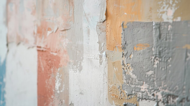 A close-up view of various paint swatches on a textured wall showcasing different colors and finishes during the day