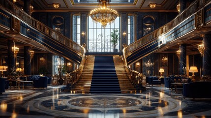 Obraz premium A grand, ornate staircase with gold railings and blue carpeting, leading up to a large window overlooking a cityscape.