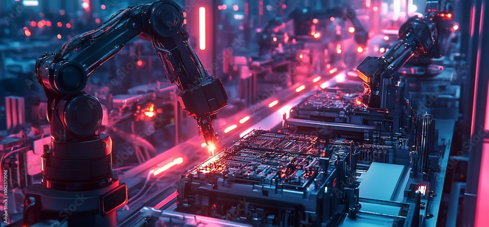 Poster robotic arms working on a production line, assembling circuit boards in a futuristic factory.
