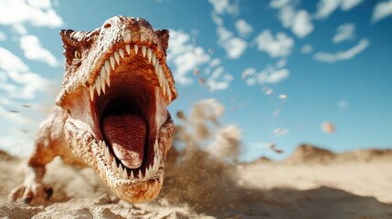 A fearsome dinosaur charges forward with wide open jaws, surrounded by swirling sand in a desert, portraying dynamic action and prehistoric power.