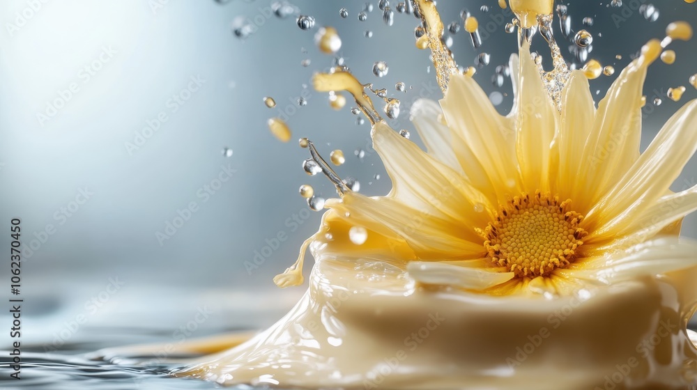Poster a single daisy creates a dynamic splash effect in creamy liquid, capturing a calming and artistic mo