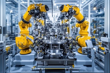 Industrial factory setting with robotic machinery assembling parts