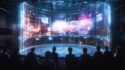 Transparent Floating Stage with Attendees Seated in Rows Around It, Watching a Futuristic Digital Presentation 