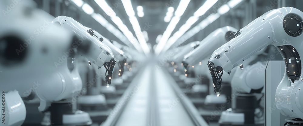 Aufkleber Rows of robotic arms in a modern factory setting, creating a futuristic and automated production line.