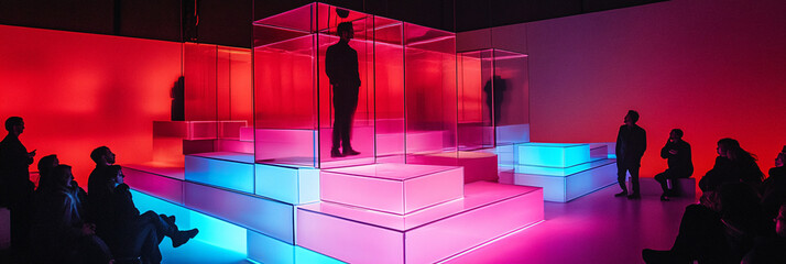 Transparent Seats Suspended in Mid-Air, Holding Attendees While a Speaker Stands on a Glowing Stage Below 