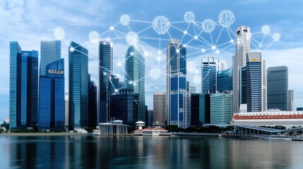 Naklejka premium The showcases skyline with social media icons and interconnected human shapes symbolizing innovation in corporate finance.