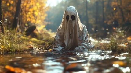 A faceless ghoul cloaked in spectral garb sits beside a stream, nestled in an autumn forest, surrounded by vibrant foliage that reflects its melancholic aura.
