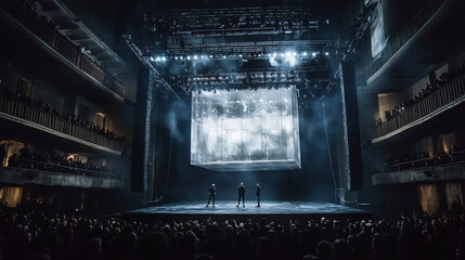 Obraz premium Transparent Stage Hovering in the Air, with an Engaged Audience Watching Below in a Massive Hall 