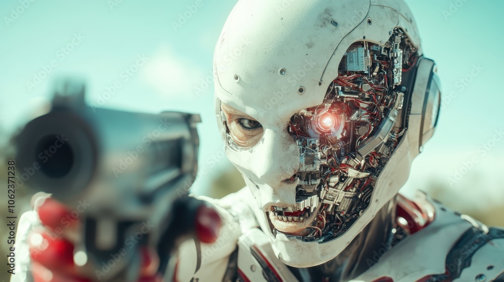 Poster a highly detailed futuristic robot with a glowing red eye aims a gun, showcasing advanced technology