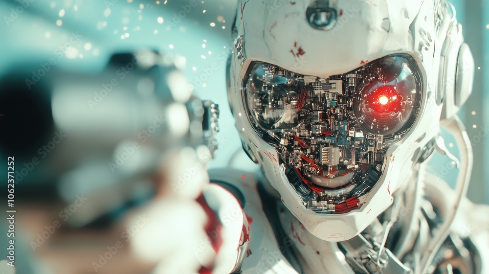 Aufkleber a futuristic humanoid robot with complex machinery and glowing features, captured with a powerful le