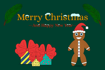 Festive Christmas illustration featuring a cheerful gingerbread man, wrapped gifts, and a Merry Christmas greeting. Perfect for holiday cards.