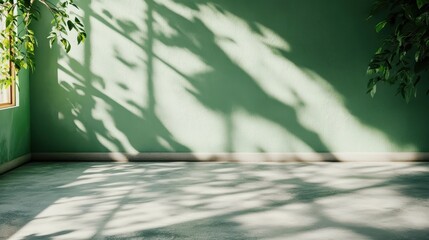 Fototapeta premium This image captures an empty room with a green wall, featuring artistic leaf shadows cast by sunlight, creating a peaceful and reflective ambience within the space.