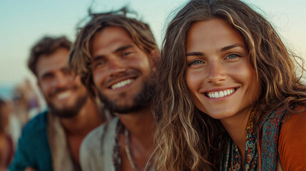 Fototapeta premium An open shot of a lively group of friends at a music festival, smiling and looking directly at the camera. They are dressed in colorful, bohemian outfits with festival wristbands,
