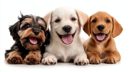 A delightful trio of puppies with big smiles, expressing joy and happiness, perfect for anyone looking for a dose of cuteness and positivity.