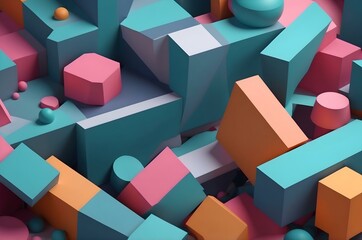 Obraz premium Dynamic random composition of 3D shapes in pink and mint, creating a vibrant yet minimalistic abstract background.