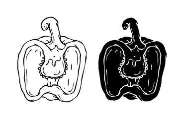 Line sketch, stamp, stencil of sweet pepper vegetables. Vector graphics.