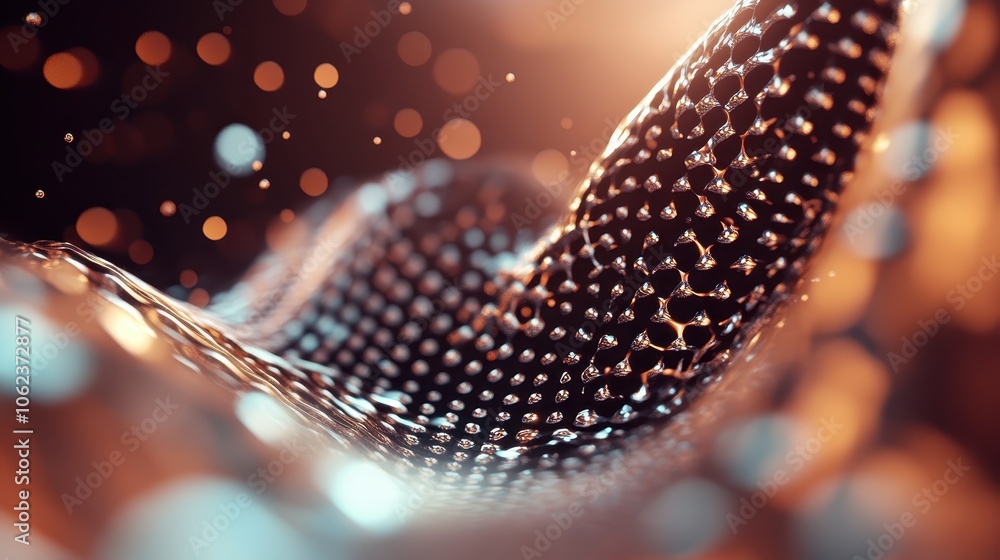 Poster an abstract composition featuring a futuristic mesh network structure amidst a flowing, dynamic ligh