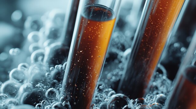An artistic close-up of test tubes in orange liquid surrounded by animated bubbles, creating an intriguing and lively scientific atmosphere, representing exploration. - Powered by Adobe