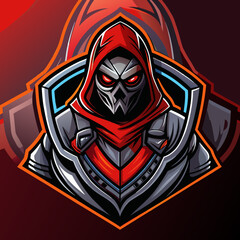 A striking assassin logo featuring a hooded figure with menacing red eyes, showcasing a powerful presence in eSports branding