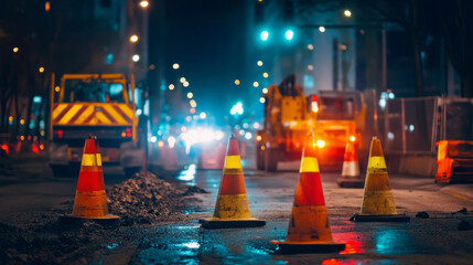 Bright construction lights illuminate roadwork area at night, featuring active machinery and safety...