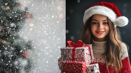 Joyful teenager in Santa hat with a stack of Christmas gifts
