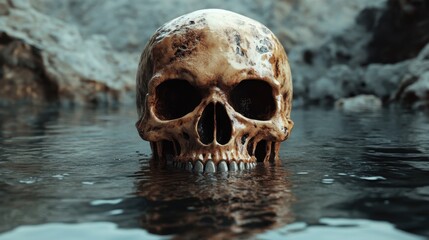 A lone skull partially submerged in water creates an eerie, haunting atmosphere, with its reflection adding a ghostly element against a rocky backdrop.