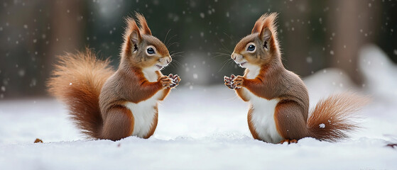 Fototapeta premium Two cute red squirrels, standing on snow, chatting with each other