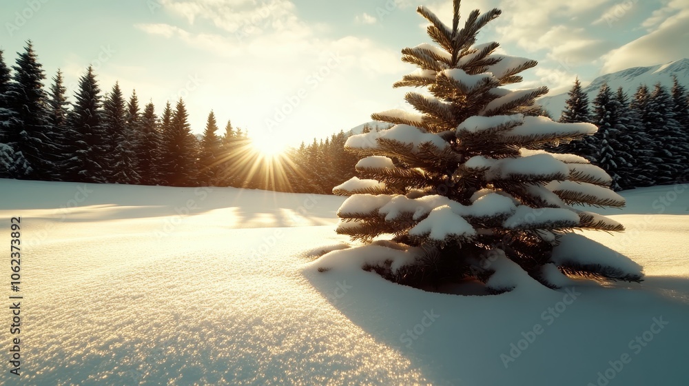 Poster a snow-covered evergreen tree stands alone in a vast snowy field as the sun sets behind it, casting 